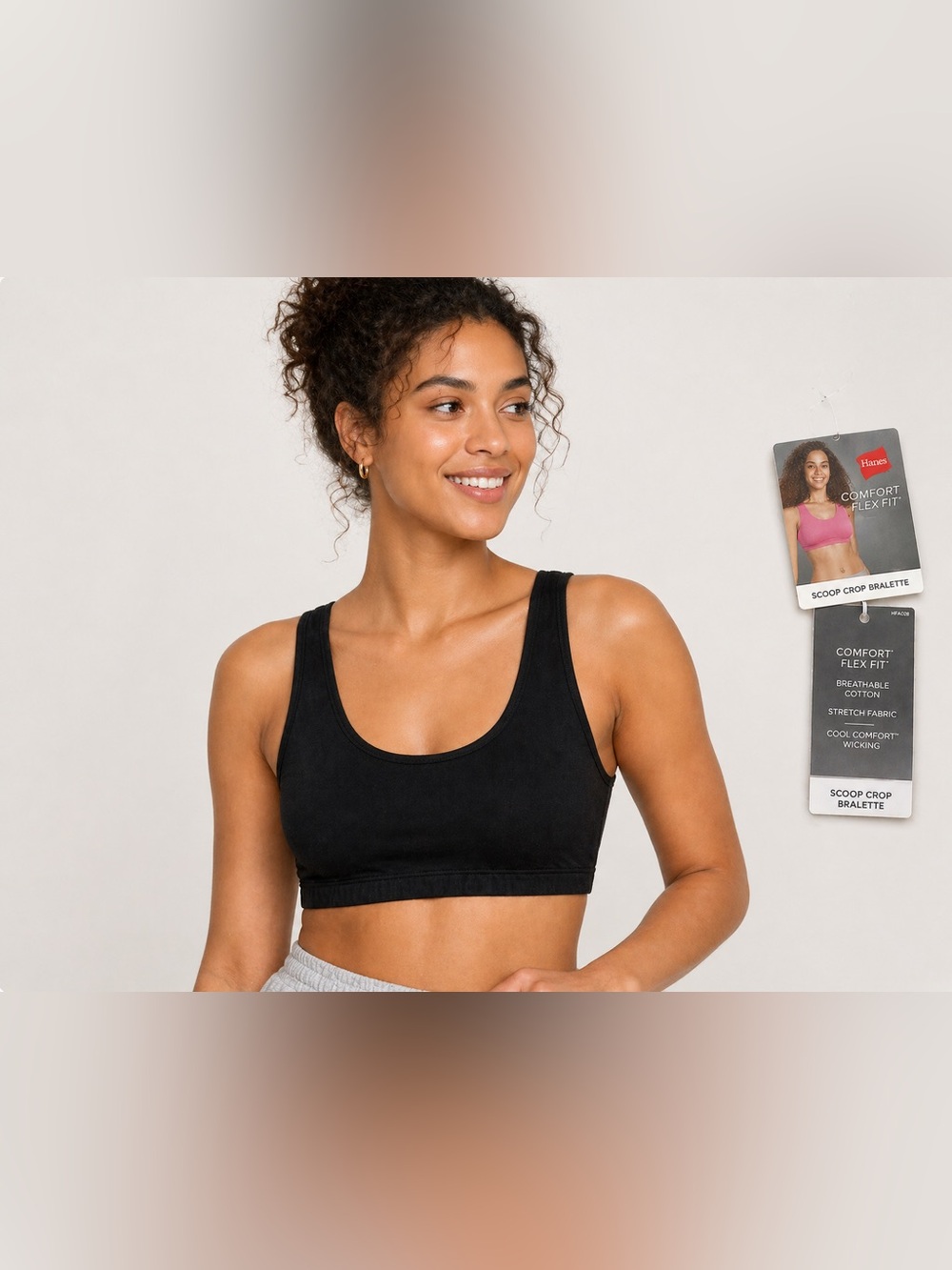 Hanes Comfort Flex Fit Black Scoop Crop Bralette Size M Stretch Cotton Wireless